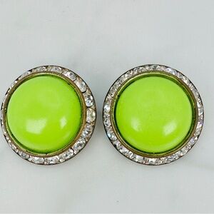 Vintage 80s Neon Clip On Earrings Lime Green Rhinestone Large Round Cabochon